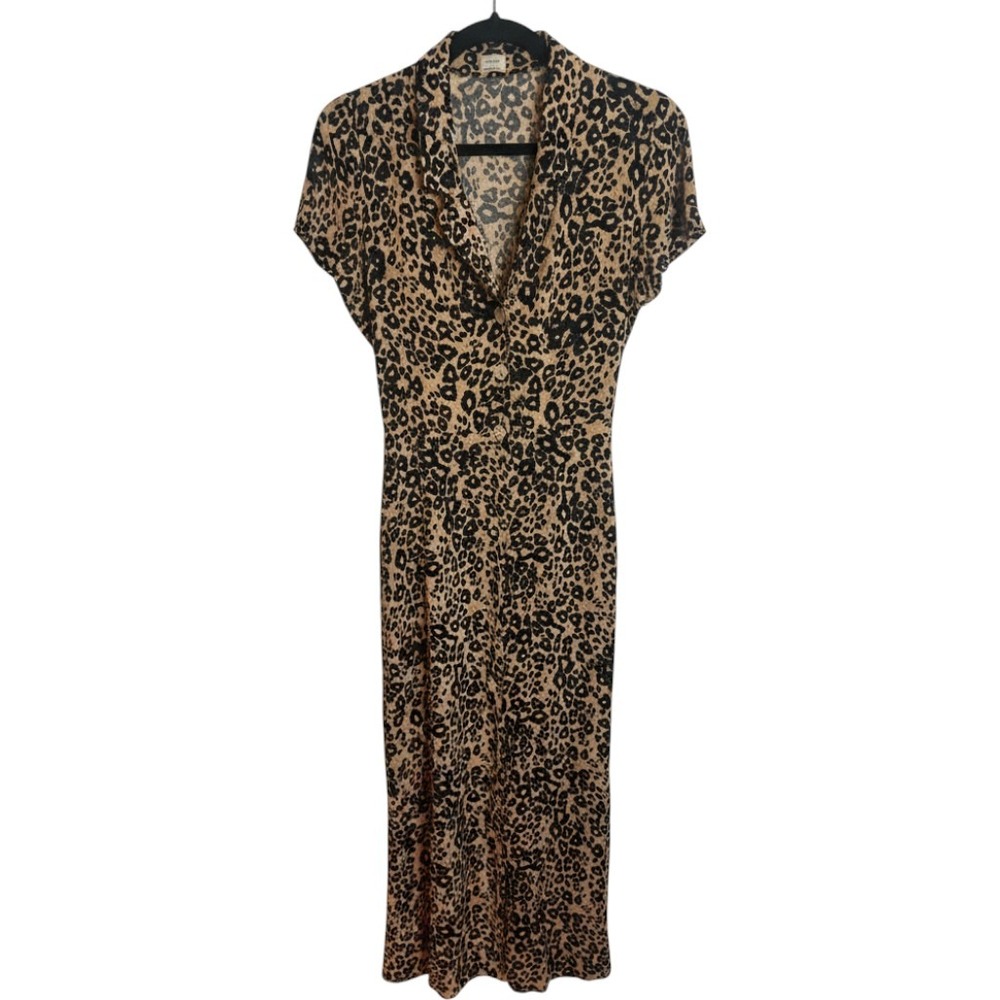 Wilfred Aritzia Leopard Print Midi Dress Short Sleeve Button Front Tan Black S